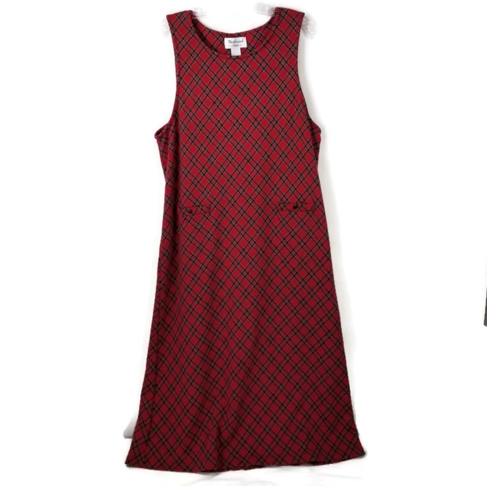 Westbound Petites Red Plaid Pull Over Sleeveless Jumper Midi Dress Large…